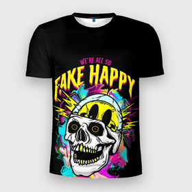 Мужская футболка 3D Slim с принтом Fake Happy Фальшивое счастье в Кировске, 100% полиэстер с улучшенными характеристиками | приталенный силуэт, круглая горловина, широкие плечи, сужается к линии бедра | Тематика изображения на принте: fake happy | happy | пестрый дым | фальшивое счастье | череп