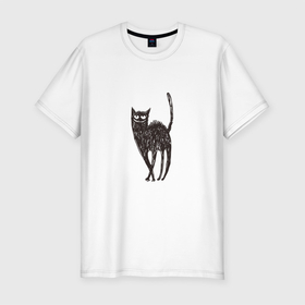 Мужская футболка хлопок Slim с принтом Рисованная кошка в Кировске, 92% хлопок, 8% лайкра | приталенный силуэт, круглый вырез ворота, длина до линии бедра, короткий рукав | black | cat | кот | рисунок | черный