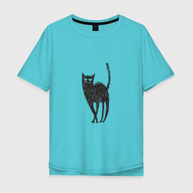 Мужская футболка хлопок Oversize с принтом Рисованная кошка в Санкт-Петербурге, 100% хлопок | свободный крой, круглый ворот, “спинка” длиннее передней части | black | cat | кот | рисунок | черный