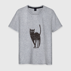 Мужская футболка хлопок с принтом Рисованная кошка в Тюмени, 100% хлопок | прямой крой, круглый вырез горловины, длина до линии бедер, слегка спущенное плечо. | black | cat | кот | рисунок | черный