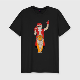 Мужская футболка хлопок Slim с принтом Дед рокер Мороз на тигре в Санкт-Петербурге, 92% хлопок, 8% лайкра | приталенный силуэт, круглый вырез ворота, длина до линии бедра, короткий рукав | Тематика изображения на принте: 2022 | new year | дед мороз | новый год | рокер | тигр