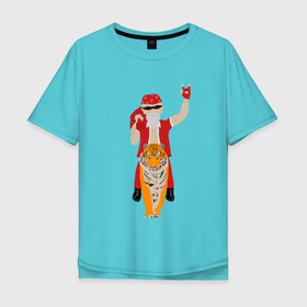 Мужская футболка хлопок Oversize с принтом Дед рокер Мороз на тигре в Курске, 100% хлопок | свободный крой, круглый ворот, “спинка” длиннее передней части | 2022 | new year | дед мороз | новый год | рокер | тигр