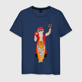 Мужская футболка хлопок с принтом Дед рокер Мороз на тигре в Кировске, 100% хлопок | прямой крой, круглый вырез горловины, длина до линии бедер, слегка спущенное плечо. | Тематика изображения на принте: 2022 | new year | дед мороз | новый год | рокер | тигр