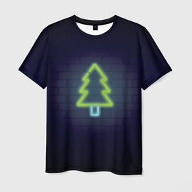 Мужская футболка 3D с принтом неоновая елка с новым годом в Новосибирске, 100% полиэфир | прямой крой, круглый вырез горловины, длина до линии бедер | happy new year | neon | елка | неон | фон стены