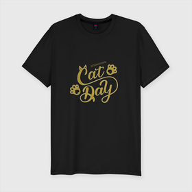 Мужская футболка хлопок Slim с принтом Лапки золотые в Белгороде, 92% хлопок, 8% лайкра | приталенный силуэт, круглый вырез ворота, длина до линии бедра, короткий рукав | cat | животные | золотые | кошка | лапки
