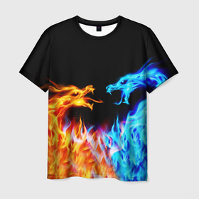 Мужская футболка 3D с принтом FIRE DRAGONS    ОГНЕННЫЕ ДРАКОНЫ в Белгороде, 100% полиэфир | прямой крой, круглый вырез горловины, длина до линии бедер | Тематика изображения на принте: blue fire | dragons | fire | горит | дракон | огонь | плямя | свет | синий