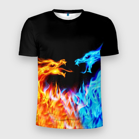 Мужская футболка 3D Slim с принтом FIRE DRAGONS    ОГНЕННЫЕ ДРАКОНЫ в Новосибирске, 100% полиэстер с улучшенными характеристиками | приталенный силуэт, круглая горловина, широкие плечи, сужается к линии бедра | blue fire | dragons | fire | горит | дракон | огонь | плямя | свет | синий