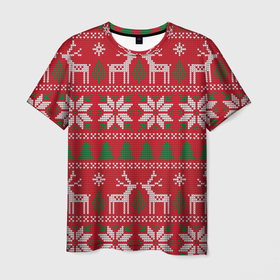 Мужская футболка 3D с принтом вязаный принт с оленями , 100% полиэфир | прямой крой, круглый вырез горловины, длина до линии бедер | christmas | deer | knitted | new year | print | red | snow | trees | white | wintry | белый | вязаный | елки | зимний | красный | новый год | олени | олень | принт | рождество | снег | снежинка