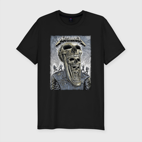 Мужская футболка хлопок Slim с принтом Metallica   thrash metal в Санкт-Петербурге, 92% хлопок, 8% лайкра | приталенный силуэт, круглый вырез ворота, длина до линии бедра, короткий рукав | group | guys | metallica | music | rock | skull | thrash metal | группа | металлика | музыка | рок | череп | чуваки