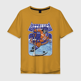 Мужская футболка хлопок Oversize с принтом Metallica   Hockey в Тюмени, 100% хлопок | свободный крой, круглый ворот, “спинка” длиннее передней части | dude | forward | hockey | ice | metallica | puck | scythe | skates | skull | team | коньки | коса | лёд | металлика | нападающий | хоккей | череп | чувак | шайба