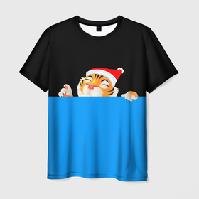 Мужская футболка 3D с принтом ГОД ТИГРА (2022) в Санкт-Петербурге, 100% полиэфир | прямой крой, круглый вырез горловины, длина до линии бедер | 2022 | merry christmas | год тигра | нг | новогодний тигр | новогодняя символика | новый год | рождество | символ 2022 года | снежинки | тигр