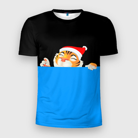Мужская футболка 3D спортивная с принтом ГОД ТИГРА (2022) в Новосибирске, 100% полиэстер с улучшенными характеристиками | приталенный силуэт, круглая горловина, широкие плечи, сужается к линии бедра | 2022 | merry christmas | год тигра | нг | новогодний тигр | новогодняя символика | новый год | рождество | символ 2022 года | снежинки | тигр