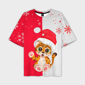 Мужская футболка OVERSIZE 3D с принтом НОВЫЙ ГОД | ТИГР | СНЕЖИНКИ в Санкт-Петербурге,  |  | 2022 | merry christmas | год тигра | нг | новогодний тигр | новогодняя символика | новый год | рождество | символ 2022 года | снежинки | тигр
