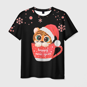 Мужская футболка 3D с принтом НОВОГОДНИЙ ТИГРЕНОК (2022) в Белгороде, 100% полиэфир | прямой крой, круглый вырез горловины, длина до линии бедер | 2022 | merry christmas | год тигра | новогодний тигр | новый год | символ 2022 года | снежинки | тигр