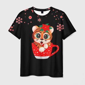 Мужская футболка 3D с принтом МАЛЕНЬКИЙ ТИГРЕНОК 2022 в Санкт-Петербурге, 100% полиэфир | прямой крой, круглый вырез горловины, длина до линии бедер | 2022 | merry christmas | год тигра | новогодний тигр | новый год | символ 2022 года | снежинки | тигр