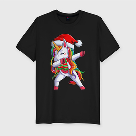 Мужская футболка хлопок Slim с принтом Новогодний Единорог Даб в Тюмени, 92% хлопок, 8% лайкра | приталенный силуэт, круглый вырез ворота, длина до линии бедра, короткий рукав | christmas | dabbing | santa | unicorn | даббинг | дед мороз | единорог | новый год | радуга | радужный | рождество | санта | снежинка | юникорн