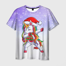 Мужская футболка 3D с принтом Xmas Unicorn Dabbing   Рождественский Единорог Даб в Петрозаводске, 100% полиэфир | прямой крой, круглый вырез горловины, длина до линии бедер | christmas | dabbing | santa | unicorn | даббинг | дед мороз | единорог | зима | новый год | радуга | радужный | рождество | санта | снег | снежинка | юникорн