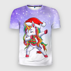 Мужская футболка 3D спортивная с принтом Xmas Unicorn Dabbing   Рождественский Единорог Даб в Тюмени, 100% полиэстер с улучшенными характеристиками | приталенный силуэт, круглая горловина, широкие плечи, сужается к линии бедра | christmas | dabbing | santa | unicorn | даббинг | дед мороз | единорог | зима | новый год | радуга | радужный | рождество | санта | снег | снежинка | юникорн