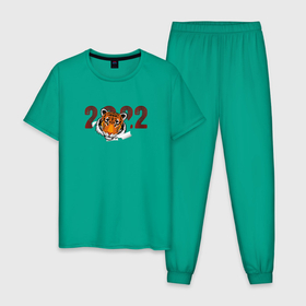 Мужская пижама хлопок с принтом Морда тигра 2022 в Тюмени, 100% хлопок | брюки и футболка прямого кроя, без карманов, на брюках мягкая резинка на поясе и по низу штанин
 | 2022 | год тигра | новый год | новый год 2022 | символ года | тигр | тигренок | тигрица | тигры