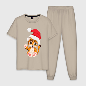 Мужская пижама хлопок с принтом Новый год (тигренок) в Белгороде, 100% хлопок | брюки и футболка прямого кроя, без карманов, на брюках мягкая резинка на поясе и по низу штанин
 | 2022 | год тигра | новогодний тигр | новый год | рождество | символ 2022 года | снежинки | тигр