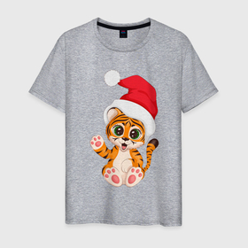 Мужская футболка хлопок с принтом Новый год (тигренок) в Новосибирске, 100% хлопок | прямой крой, круглый вырез горловины, длина до линии бедер, слегка спущенное плечо. | 2022 | год тигра | новогодний тигр | новый год | рождество | символ 2022 года | снежинки | тигр