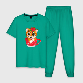 Мужская пижама хлопок с принтом НОВЫЙ ГОД (ТИГРЕНОК В БАКАЛЕ) в Курске, 100% хлопок | брюки и футболка прямого кроя, без карманов, на брюках мягкая резинка на поясе и по низу штанин
 | 2022 | год тигра | новогодний тигр | новогодняя символика | новый год | символ 2022 года | снежинки | тигр