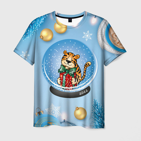Мужская футболка 3D с принтом Тигренок в новогоднем шаре , 100% полиэфир | прямой крой, круглый вырез горловины, длина до линии бедер | 2022 | год тигра | новый год | новый год 2022 | символ года | тигр | тигренок | тигрица | тигры