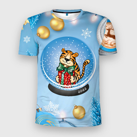 Мужская футболка 3D спортивная с принтом Тигренок в новогоднем шаре , 100% полиэстер с улучшенными характеристиками | приталенный силуэт, круглая горловина, широкие плечи, сужается к линии бедра | 2022 | год тигра | новый год | новый год 2022 | символ года | тигр | тигренок | тигрица | тигры