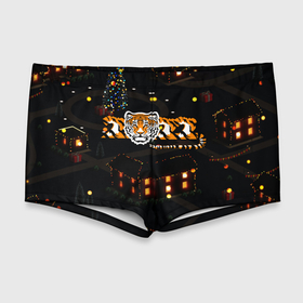 Мужские купальные плавки 3D с принтом Ночной новогодний город 2022 год тигра в Екатеринбурге, Полиэстер 85%, Спандекс 15% |  | Тематика изображения на принте: 2022 | год тигра | новый год | новый год 2022 | символ года | тигр | тигренок | тигрица | тигры