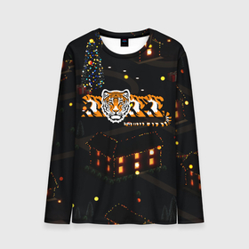 Мужской лонгслив 3D с принтом Ночной новогодний город 2022 год тигра в Петрозаводске, 100% полиэстер | длинные рукава, круглый вырез горловины, полуприлегающий силуэт | Тематика изображения на принте: 2022 | год тигра | новый год | новый год 2022 | символ года | тигр | тигренок | тигрица | тигры