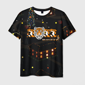 Мужская футболка 3D с принтом Ночной новогодний город 2022 год тигра в Екатеринбурге, 100% полиэфир | прямой крой, круглый вырез горловины, длина до линии бедер | Тематика изображения на принте: 2022 | год тигра | новый год | новый год 2022 | символ года | тигр | тигренок | тигрица | тигры
