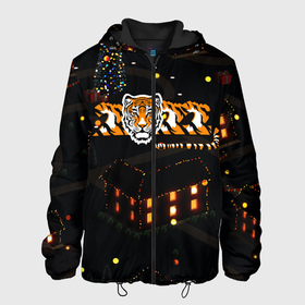 Мужская куртка 3D с принтом Ночной новогодний город 2022 год тигра , ткань верха — 100% полиэстер, подклад — флис | прямой крой, подол и капюшон оформлены резинкой с фиксаторами, два кармана без застежек по бокам, один большой потайной карман на груди. Карман на груди застегивается на липучку | 2022 | год тигра | новый год | новый год 2022 | символ года | тигр | тигренок | тигрица | тигры