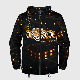 Мужская ветровка 3D с принтом Ночной новогодний город 2022 год тигра в Екатеринбурге, 100% полиэстер | подол и капюшон оформлены резинкой с фиксаторами, два кармана без застежек по бокам, один потайной карман на груди | 2022 | год тигра | новый год | новый год 2022 | символ года | тигр | тигренок | тигрица | тигры