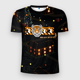 Мужская футболка 3D спортивная с принтом Ночной новогодний город 2022 год тигра в Новосибирске, 100% полиэстер с улучшенными характеристиками | приталенный силуэт, круглая горловина, широкие плечи, сужается к линии бедра | 2022 | год тигра | новый год | новый год 2022 | символ года | тигр | тигренок | тигрица | тигры