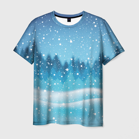 Мужская футболка 3D с принтом ЗИМНИЙ ЛЕС | WINTER FOREST , 100% полиэфир | прямой крой, круглый вырез горловины, длина до линии бедер | 2022 | christmas | cold | merry | new | snow | winter | year | буря | год | елка | елки | ель | зима | лес | метель | мороз | новый | рождество | снег | снежинка | снежинки | холод