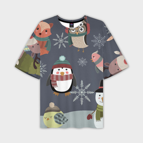 Мужская футболка OVERSIZE 3D с принтом НОВОГОДНИЙ ПАТТЕРН ЖИВОТНЫЕ в Екатеринбурге,  |  | животные | зима | лес | новый год | олени | праздник | рождество | снег | снеговик | снежинки | сова