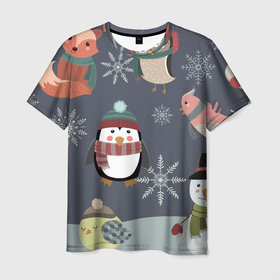 Мужская футболка 3D с принтом НОВОГОДНИЙ ПАТТЕРН ЖИВОТНЫЕ в Тюмени, 100% полиэфир | прямой крой, круглый вырез горловины, длина до линии бедер | животные | зима | лес | новый год | олени | праздник | рождество | снег | снеговик | снежинки | сова