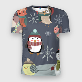 Мужская футболка 3D спортивная с принтом НОВОГОДНИЙ ПАТТЕРН ЖИВОТНЫЕ в Курске, 100% полиэстер с улучшенными характеристиками | приталенный силуэт, круглая горловина, широкие плечи, сужается к линии бедра | животные | зима | лес | новый год | олени | праздник | рождество | снег | снеговик | снежинки | сова