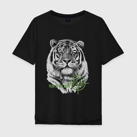 Мужская футболка хлопок Oversize с принтом Год белого тигра 2022 в Новосибирске, 100% хлопок | свободный крой, круглый ворот, “спинка” длиннее передней части | 2022 | tiger | year of the tiger | белый тигр | год 2022 | год под прицелом | год тигра | новогодний тигр | новый год | тигр