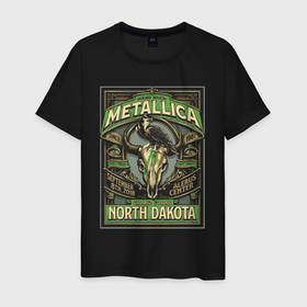 Мужская футболка хлопок с принтом Metallica   North Dakota playbill в Курске, 100% хлопок | прямой крой, круглый вырез горловины, длина до линии бедер, слегка спущенное плечо. | Тематика изображения на принте: dudes | falcon | group | guys | hard rock | horns | metallica | music | playbill | skull | thrash metall | usa | афиша | группа | металлика | музыка | парни | рога | сокол | сша | тяжёлый рок | череп | чуваки