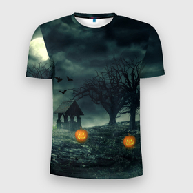 Мужская футболка 3D Slim с принтом Темный Хэллоуин в Белгороде, 100% полиэстер с улучшенными характеристиками | приталенный силуэт, круглая горловина, широкие плечи, сужается к линии бедра | halloween | party | мистика | праздник | темный | тыквы | хэллоуин