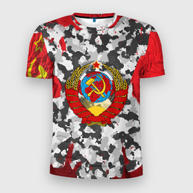 Мужская футболка 3D Slim с принтом USSR (camouflage) в Тюмени, 100% полиэстер с улучшенными характеристиками | приталенный силуэт, круглая горловина, широкие плечи, сужается к линии бедра | camouflage | coat of arms | khaki | patriot | red machine | russia | russian | tourist | ussr | герб | камуфляж | красная машина | патриот | россия | русский | ссср | турист | хаки