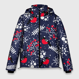 Мужская зимняя куртка 3D с принтом Снегири и рябина в Екатеринбурге, верх — 100% полиэстер; подкладка — 100% полиэстер; утеплитель — 100% полиэстер | длина ниже бедра, свободный силуэт Оверсайз. Есть воротник-стойка, отстегивающийся капюшон и ветрозащитная планка. 

Боковые карманы с листочкой на кнопках и внутренний карман на молнии. | birds | bullfinches | christmas | mountain ash | new year | snow | snowflakes | winter | зима | новый год | птицы | рождество | рябина | снег | снегири | снежинки