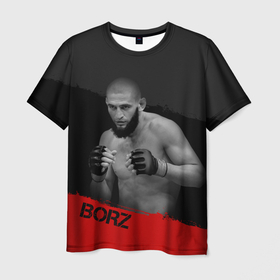 Мужская футболка 3D с принтом Borz. в Тюмени, 100% полиэфир | прямой крой, круглый вырез горловины, длина до линии бедер | Тематика изображения на принте: borz | боец | волк | мужчина | надпись | полосы | стойка | чимаев