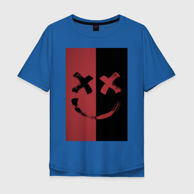 Мужская футболка хлопок Oversize с принтом Улыбка на красно-черном фоне в Кировске, 100% хлопок | свободный крой, круглый ворот, “спинка” длиннее передней части | арт | граффити | искусство | лицо | рисунок | улыбка | фото