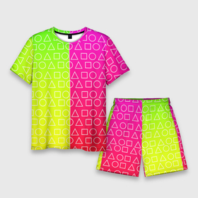 Мужской костюм с шортами 3D с принтом Игра в кальмара (розовый+желтый) в Санкт-Петербурге,  |  | frankenstein dress | гра в кальмара | желтый | зеленый | игра | кальмар | квадрат | квадратик | красный | круг | кружок | половинчатый | розовый | треугольник | треугольничек