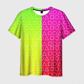 Мужская футболка 3D с принтом Игра в кальмара (розовый+желтый) в Петрозаводске, 100% полиэфир | прямой крой, круглый вырез горловины, длина до линии бедер | frankenstein dress | гра в кальмара | желтый | зеленый | игра | кальмар | квадрат | квадратик | красный | круг | кружок | половинчатый | розовый | треугольник | треугольничек