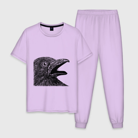 Мужская пижама хлопок с принтом Крик чёрного ворона в Петрозаводске, 100% хлопок | брюки и футболка прямого кроя, без карманов, на брюках мягкая резинка на поясе и по низу штанин
 | ворон | ворона | депрессия | злая птичка | зло | птица | рисунок