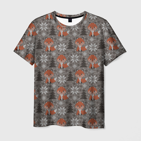 Мужская футболка 3D с принтом Вязанные лисички в Курске, 100% полиэфир | прямой крой, круглый вырез горловины, длина до линии бедер | вязанка | животные | лес | лисий хвост | лисы | паттерн | текстура