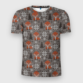Мужская футболка 3D Slim с принтом Вязанные лисички в Новосибирске, 100% полиэстер с улучшенными характеристиками | приталенный силуэт, круглая горловина, широкие плечи, сужается к линии бедра | вязанка | животные | лес | лисий хвост | лисы | паттерн | текстура